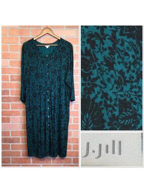 J Jill Green Floral Button Front Midi Dress Size XL Comfy Rayon